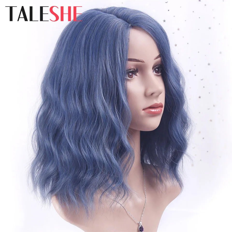 Short Wig False-Hair Blonde Pink Cosplay Blue Side-Part Water-Wave Mixed-Color Black