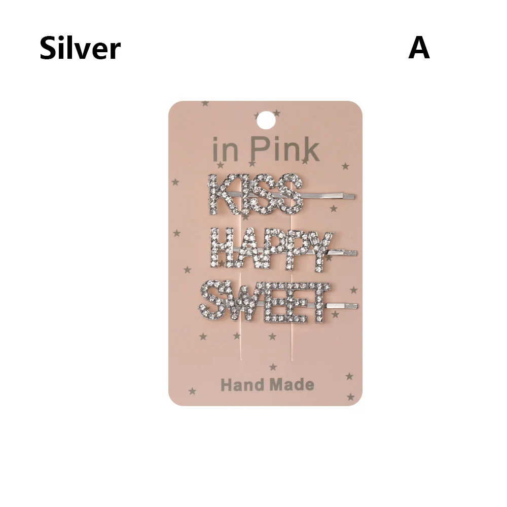 silver A 3 шт./компл. детского красивого элегантного платья Алфавит Хрустальные шпильки для волос Любовь Надежда мечта Заколки для волос для девочек Для женщин Письмо заколки для волос аксессуары - Color: silver A