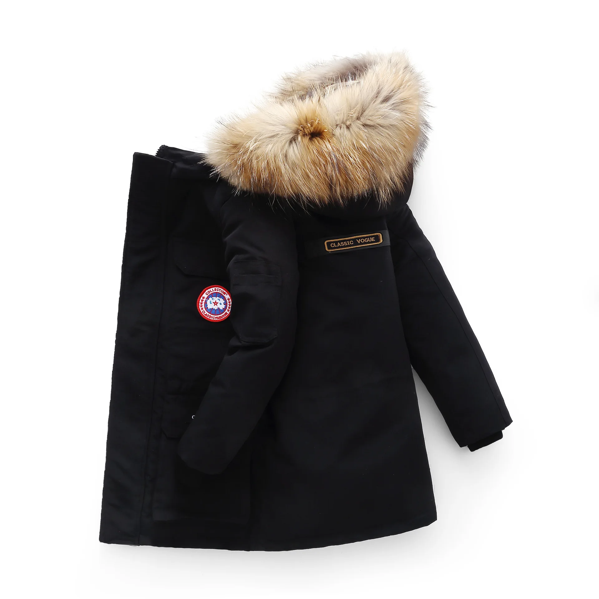 До-30 градусов, г., детские толстые теплые куртки-пуховики Зимняя одежда для мальчиков детская парка Длинная Верхняя одежда с капюшоном и натуральным Мехом Зимний комбинезон - Color: Black