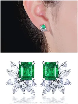 

Fashion green crystal emerald gemstones diamonds stud earrings for women white gold silver color jewelry bijoux princess gifts
