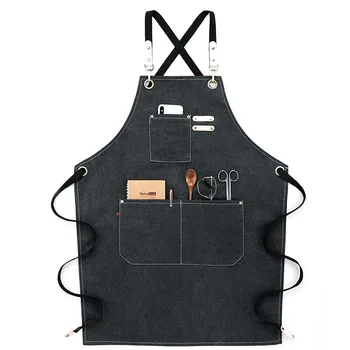 

Worker Denim Work Aprons PU Leather Strap Gray Apron Barista Barber Overalls Restaurant Gardener Apron Working Clothes Free LOGO