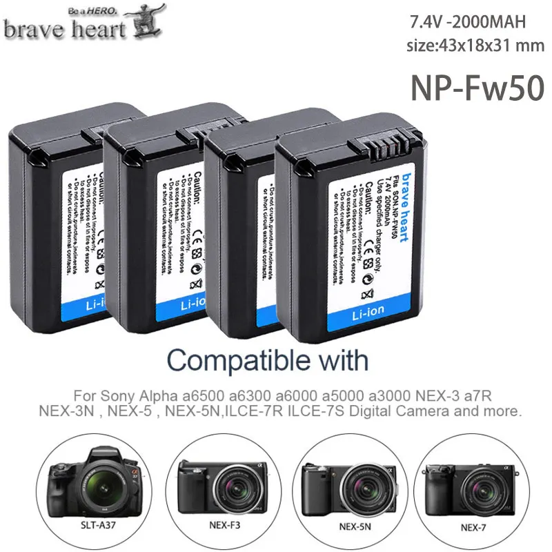 4 шт. 2000 мА/ч, NP-FW50 NP FW50 Батарея AKKU для sony NEX-3N NEX-5 NEX-5N NEX-5R Альфа a5000 a6500 DSC-RX10 Альфа a7S a7II Альфа 7R