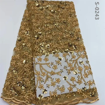 

Gold african heavy handmade beaded lace fabric 2020 high quality embroidery french sequins laces nigeria fabrics for dress