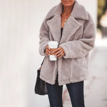 

Women Autumn Winter Women Lapel Pocket Zipper Long Sleeves Warm Solid Color Woolen Coat Outwear Jacket