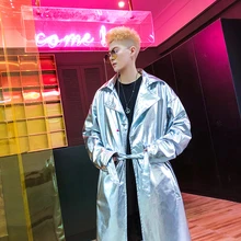 Cazadora Larga Модная Повседневная Длинная блестящая куртка для мужчин, хип-хоп, танцовщица, певица, сценический костюм на заказ, пальто, Тренч, пальто, Homme