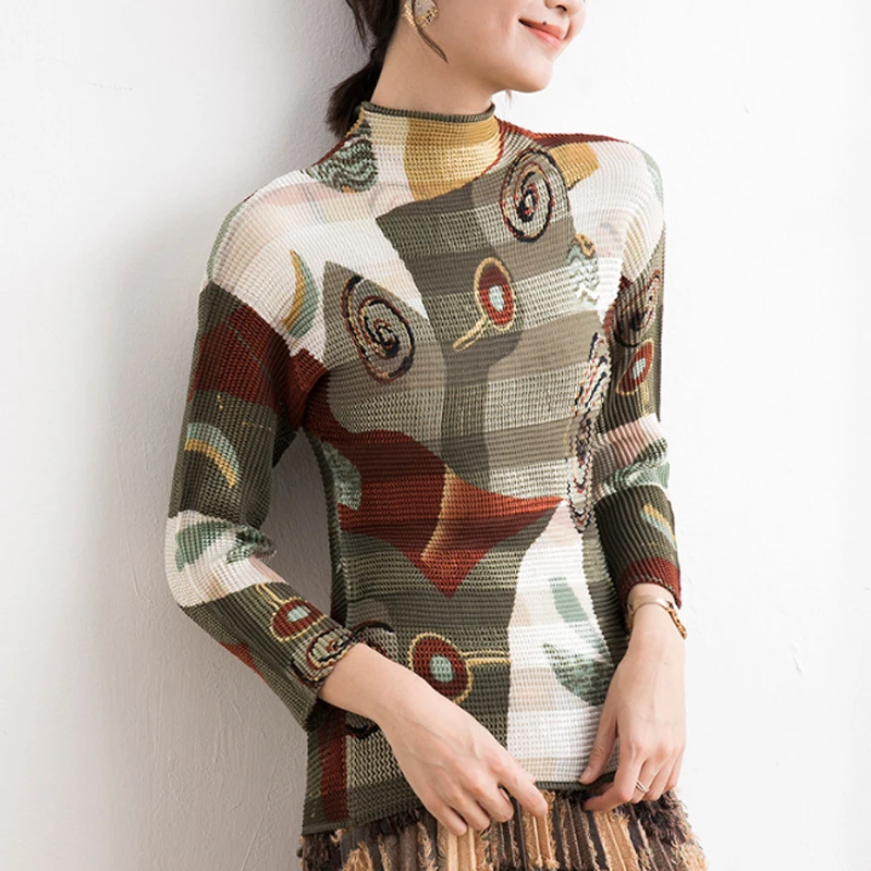 Горячая Miyake модная складывающаяся с длинным рукавом новая сексуальная картина печать водолазка футболка женская
