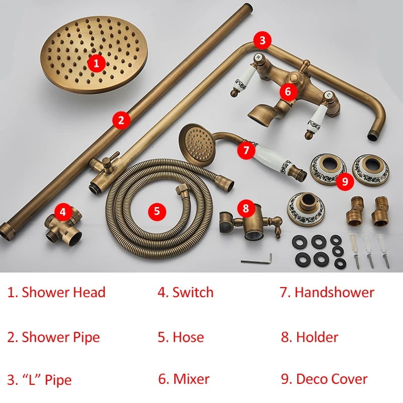 quyanre wanfan gappo antique brass shower faucets set brass shower head ceramic handshower swivel tub spout 3-way mixer tap wall mounted bathroom shower faucet kit14