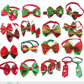 

10PC/Lot Lovely Christmas Dog Bow Ties Pattern Polks Dots Ribbon Gauze Bowties Holiday Neckties Pet DogAccessories