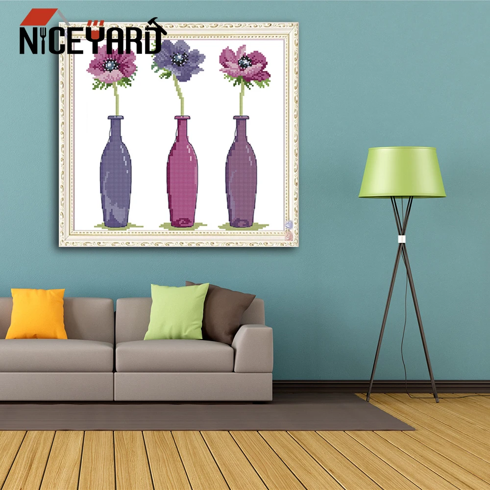 

NICEYARD Cross Stitch DIY 11CT Print Cloth 38 * 39 cm Home Decoration Three Flower Pattern Needlework Sets Embroidery kits