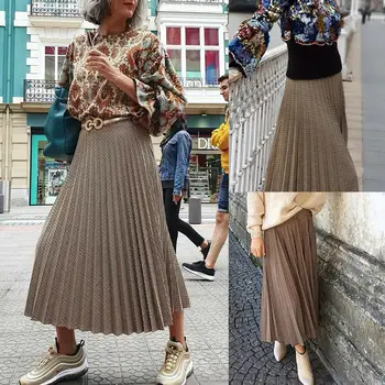 

Womens Casual Fashion Loose High Waist Pleated Long Length Solid Color Khaki Skirt Dress Elastic Waist