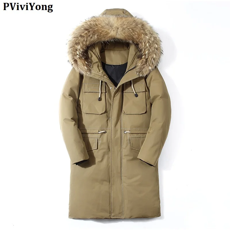 

PViviYong 2019 Korea Winter high quality 90% white duck down jacket hooded fur Collar long thicked coat men plus-size M-3XL 928