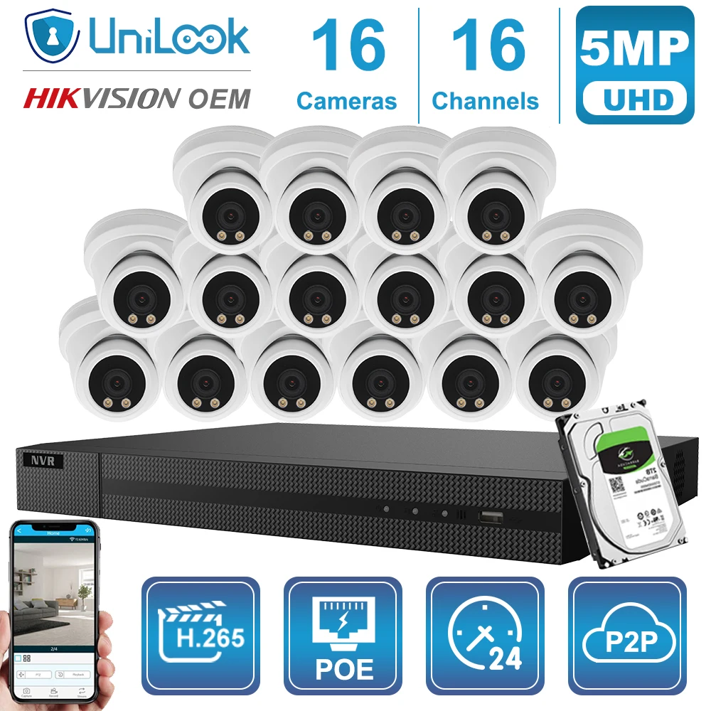UnILook 16CH NVR 8/10/12/16 шт 5MP ColorVu POE IP камера комплект система безопасности ночное видение