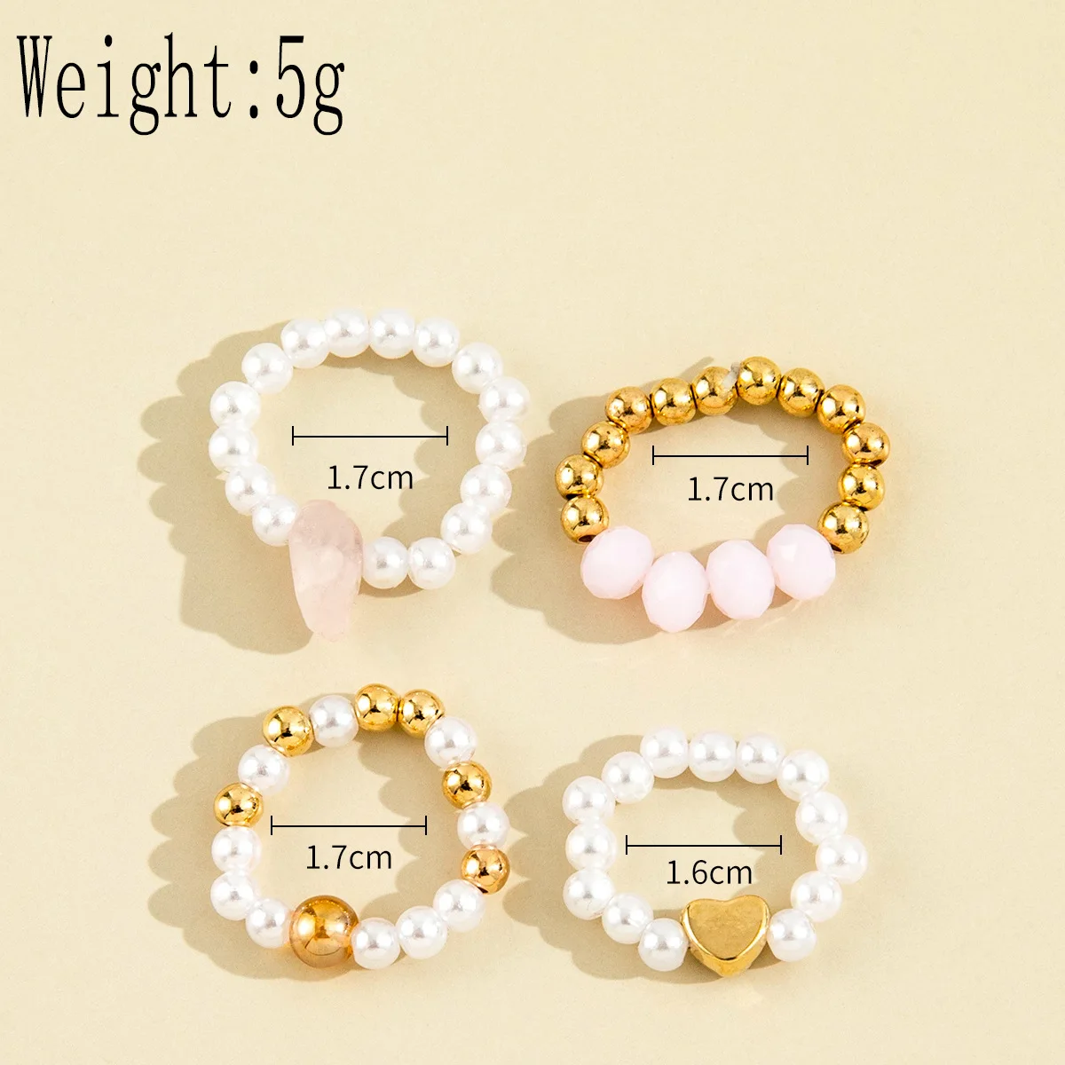 4 Pcs/Set Korean Mixed Handmade Pearl Stone Acrylic Small Round Bead Heart Ring Women Classic Elegant Dating Jewelry ring set finger ring sparkling heart ring jewelry accessories