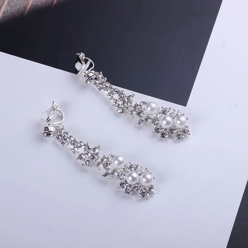 Серьги клипсы Стразы с жемчугом большие висячие украшения многослойные не