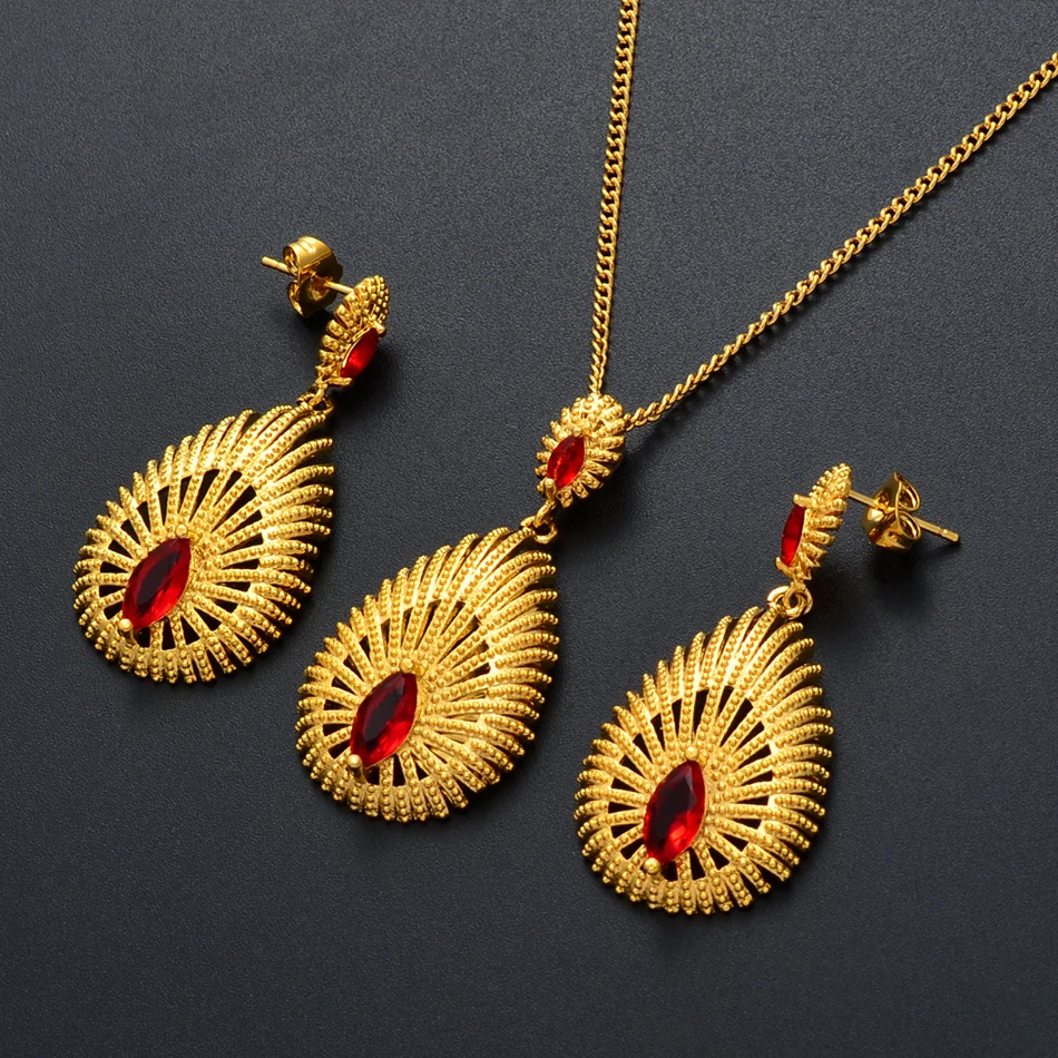 Anniyo Wholesale African Necklace Earrings Jewelry sets Habesha Ethiopian Jewellery Gold Color Bridal Weeding Products #229206