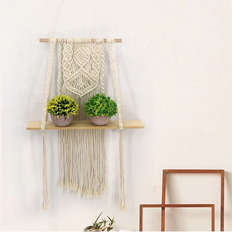 Деревянная двухслойная настенная полка Macrame, рамка для перегородок, декоративная корзина для растений, цветочная корзина, богемное украшение