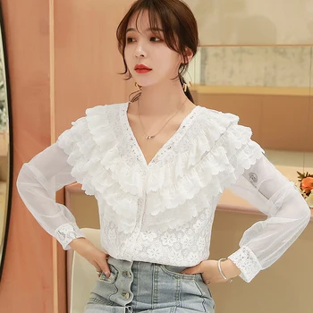 

COIGARSAM Chiffon Lace Shirt Womens tops New Autumn Spring V-Neck Women shirts White Black Apricot 6010