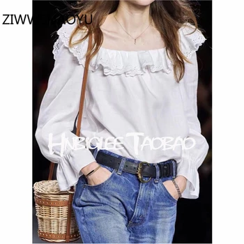 

ZIWWSHAOYU Female Fashion Spring 100%Cotton Coat Women Backless Slash Neck Ruffles Ladies Streetwear Pure White Straight Shirt