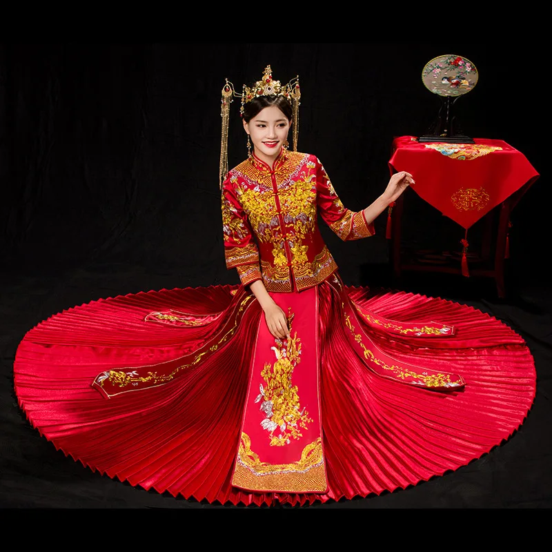 Полная длина свадебное платье Qipao платье тонкий 2 шт рубашка и юбка плиссированные вечерние платье в традиционном китайском стиле Женская Вышивка Cheongsam