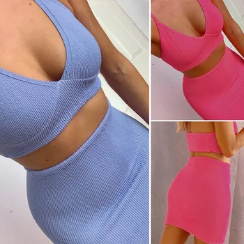 

Women Two Piece Set Casual Tracksuits V-Neck Vest Crop Top Skinny Skirts Sets Sporty Suits Sets