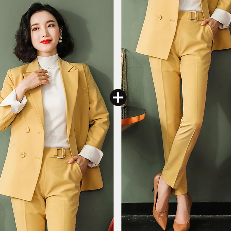 Женский костюм, корейский, свободный, OL, высокого класса, профессиональный, однотонный, двубортный, из двух частей, с длинным рукавом, блейзер+ брюки, костюм, набор, женский
