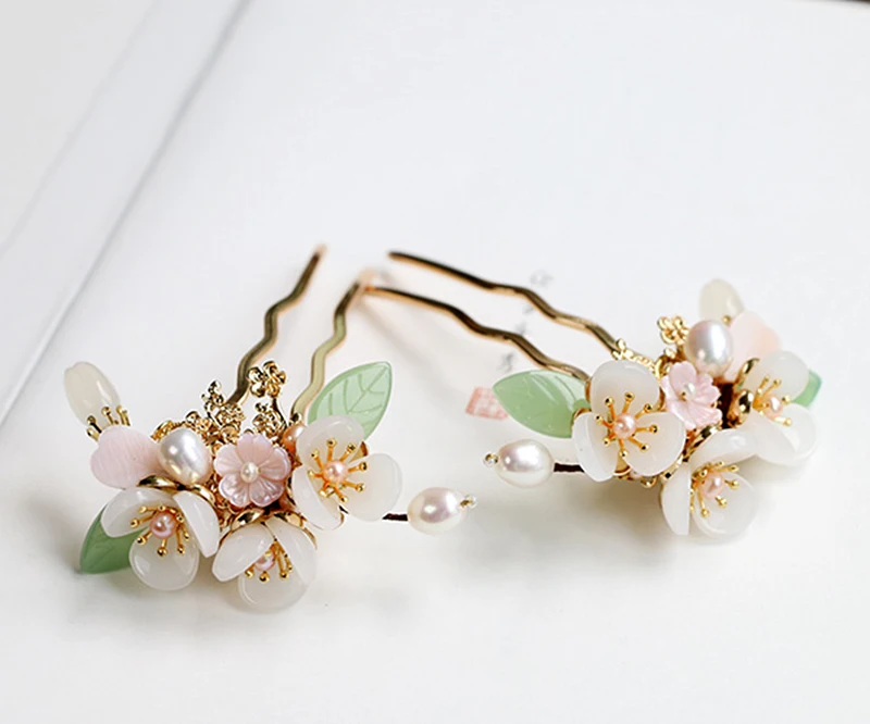 

Copper Freshwater Pearl Hair Pins Gem Stone Hair Pin Flower Chinese HairpinWedding Hair Accessories Pince Cheveux WIGO1359