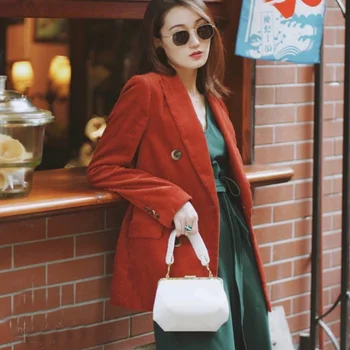 

Vintage Corduroy Small Jacket 2020 Spring Autumn Casual Retro Double Breasted Oversized Blazer Wine Red