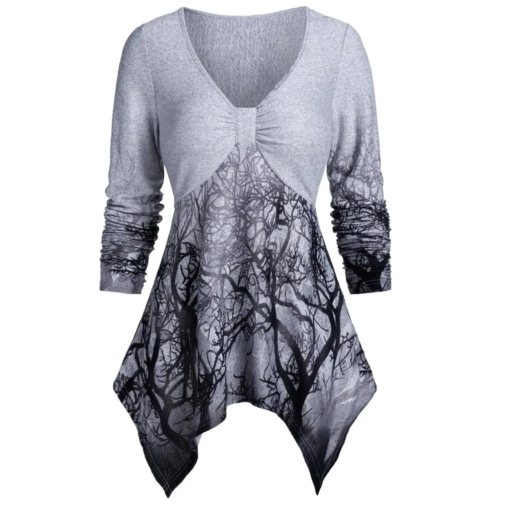 Плюс размер Модная туника с принтом дерева Повседневная зимняя женская v-образные вырезы женские Топы Рубашка с длинными рукавами Blusas пуловер