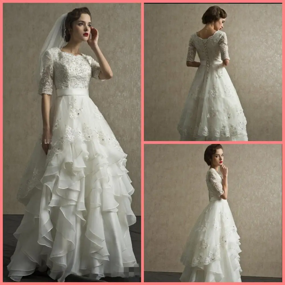 

Robe de mariage 2020 a line white organza lace appliques wedding dress half sleeve ruffled beaded sequins wedding gowns on sale