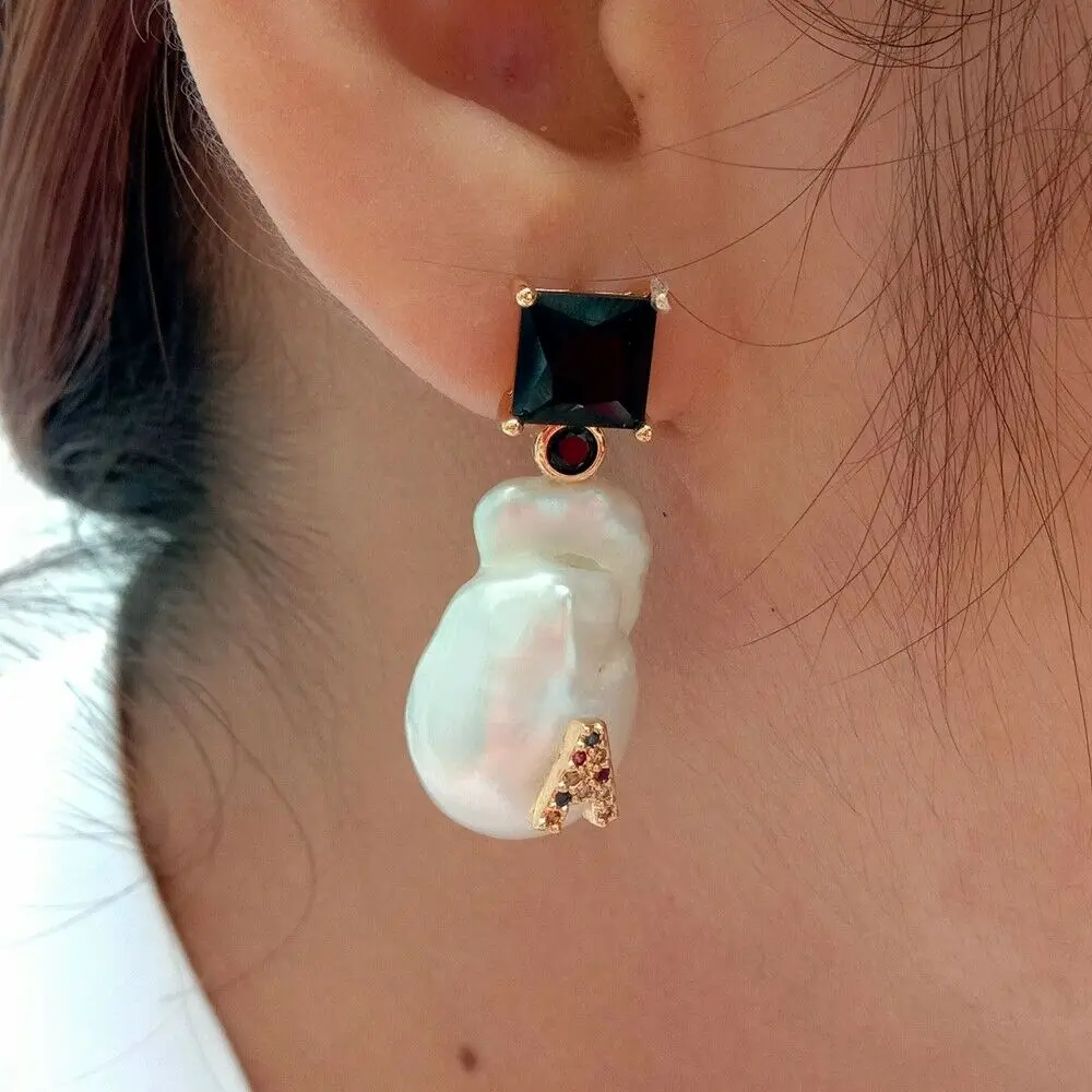 

Cultured White Baroque Pearl Black Cz Rhinestone Earrings