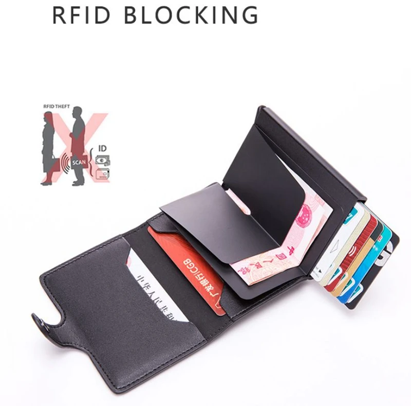 Автоматический мини-кошелек RFID из искусственной кожи, держатели для кредитных карт, алюминиевый сплав, противокражный чехол для ID карт