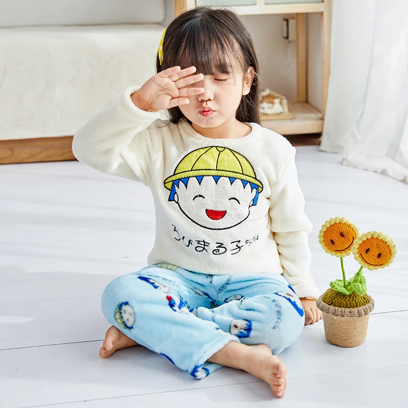 Пижамы с персонажами из мультфильмов, комплект для Детское хлопковое вечернее платье в горошек, 15F фланелевая супер мягкое ночное белье для девочек костюм Милая Повседневная из Корал-флиса для мальчиков; Ночная одежда девушки комплект