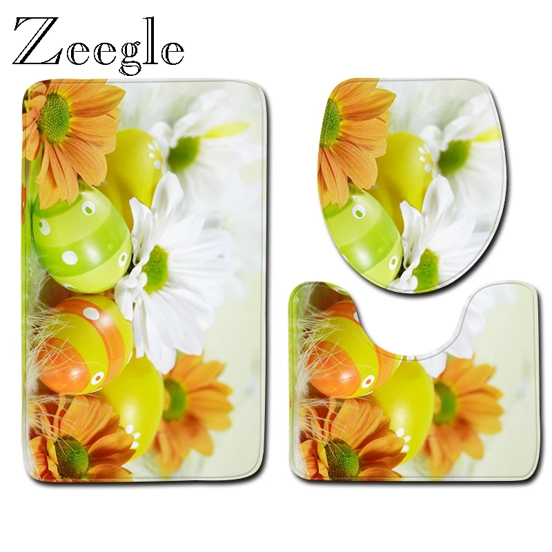 Zeegle Bath Mat Set for Easter Day Toilet U Type Mat Home Decor Foot Rug Microfiber Bath Mat Pedestal Rug Lid Toilet Cover