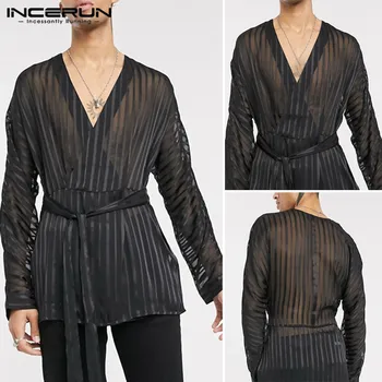 

Fashion Men's Mesh Shirt Deep V Neck Long Sleeve See Through Tops With Belt Solid Nightclub Party Sexy Shirts Men INCERUN 2020 7