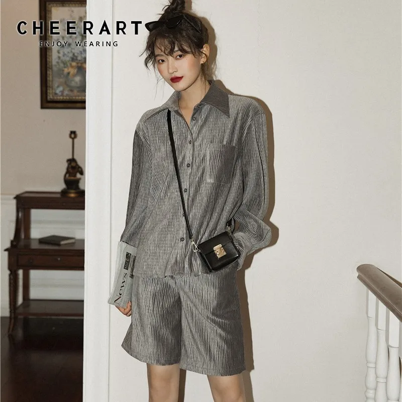 Бархатная блузка CHEERART с длинными рукавами, серая рубашка на пуговицах, Женские топы и блузки, модная одежда