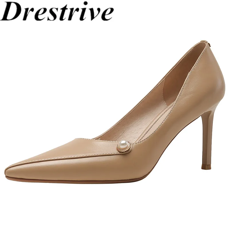 

Drestrive Women Pumps Pointed Toe 2021 Summer Classics Thin High Heel Shoes Full Genuine Leather Khaki Shallow Cow Leather