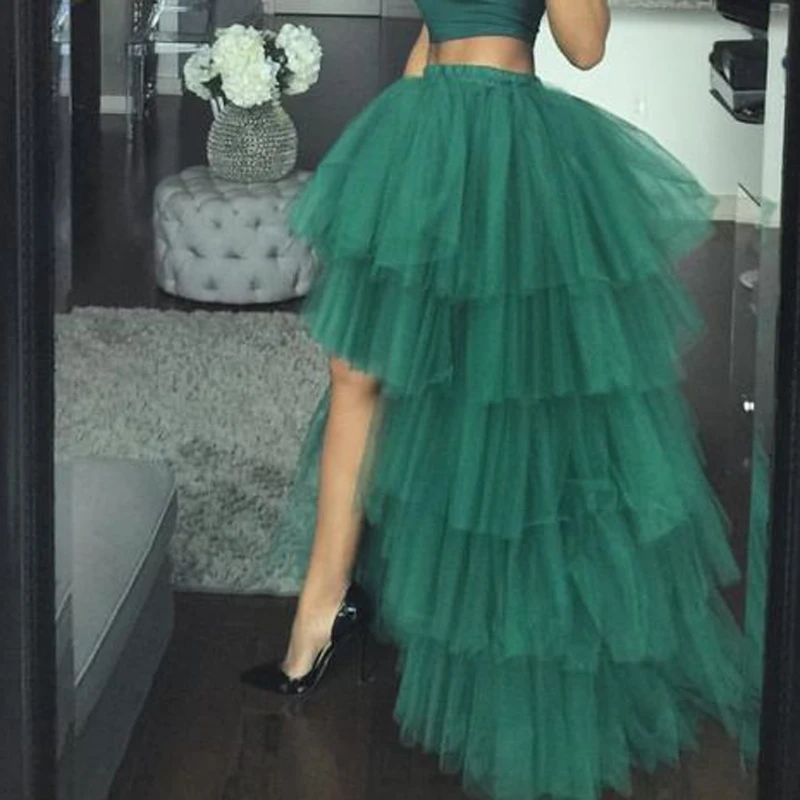 Saias para as Mulheres Feito sob Encomenda Roupas de Verão Verde Esmeralda Alta Baixa Tule Elástico Moda Longa Saia Feminino 2 as mulheres elástico feito sob encomenda moda
