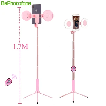 1.7m Extendable live Tripod Selfie Stick Support LED Ring Dual light mirror Stand 4 in 1 Phone Mount for iPhone X 8 Android