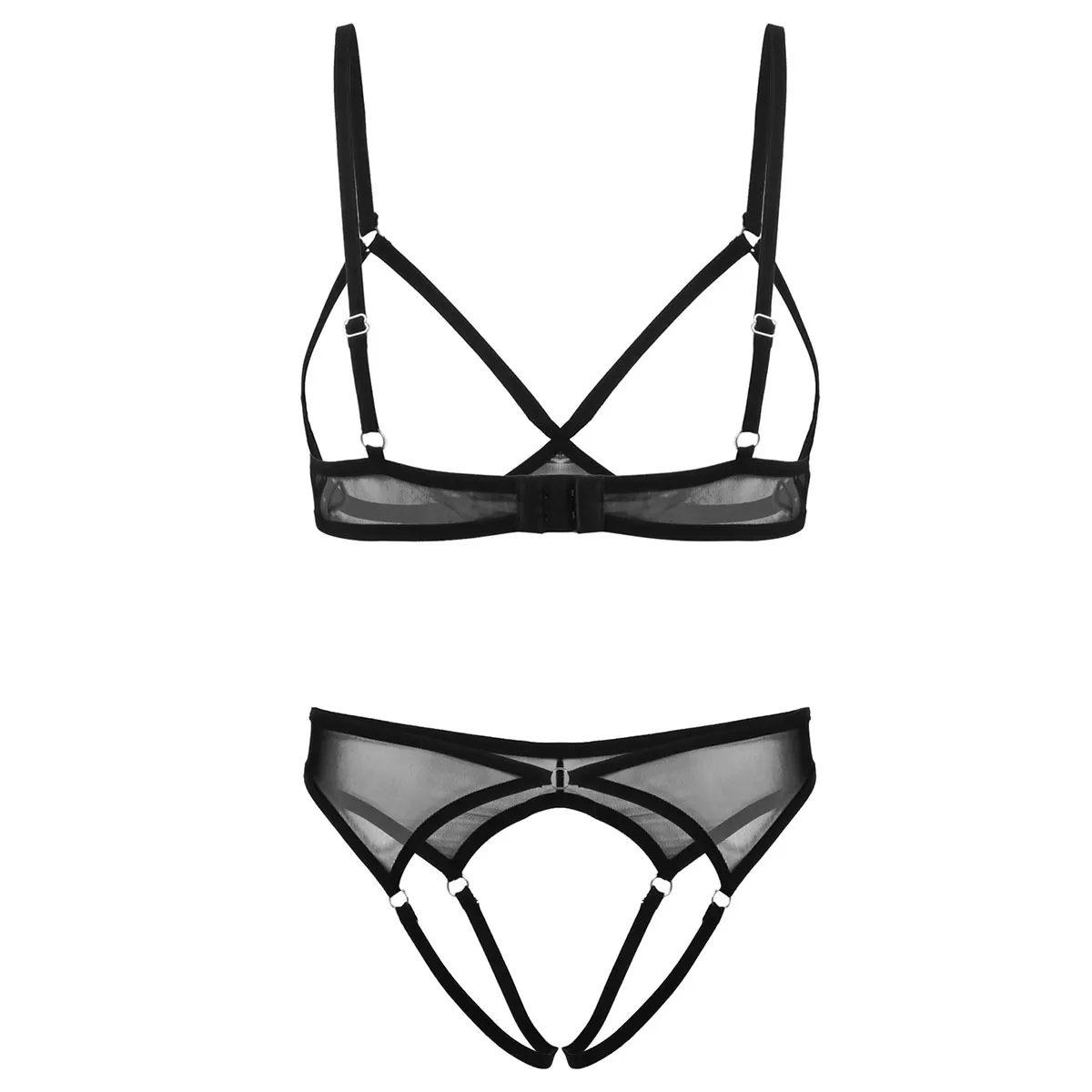 Womens See Through Sheer Mesh Lingerie Set Open Cups Bra Top Low Rise Crotchless Briefs Underwear 2Pcs