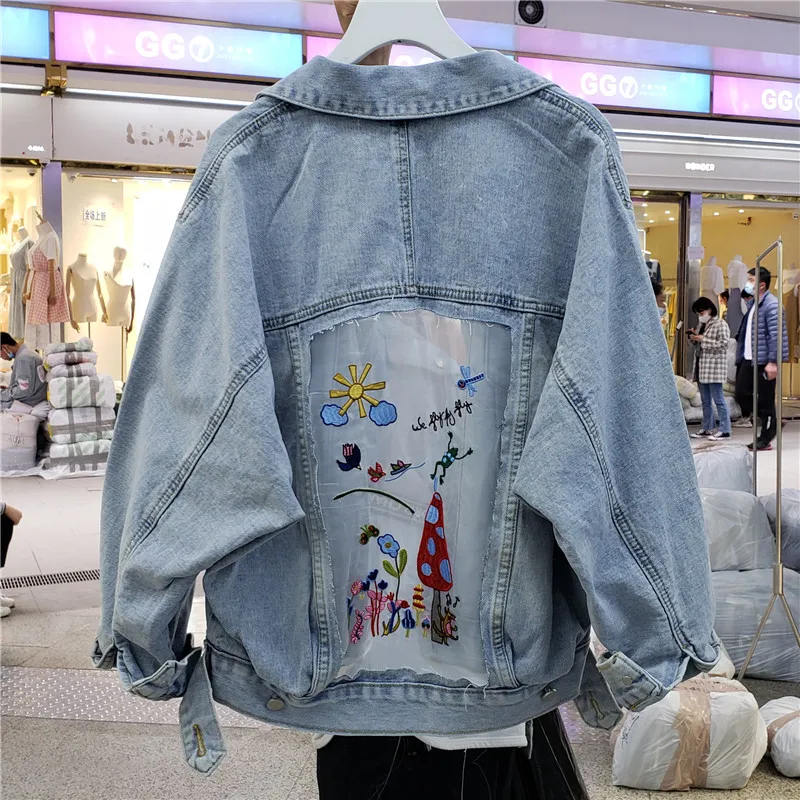 

Back Hollow + Mesh Embroidery Denim Jacket Women's 2020 Spring Fall New Loose Cropped Jeans Jackets Coat Student Jean Coats Tops