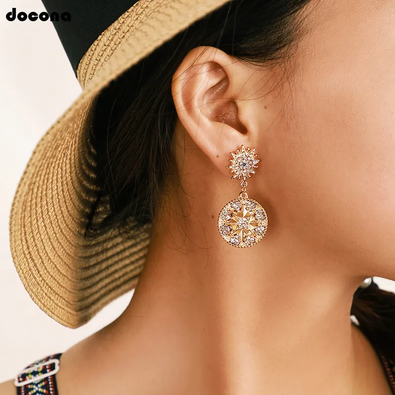

docona Punk Gold Crystal Star Eye Sun Drop Dangle Earring for Women Girl Geometric Piercing Earring Party Wedding Jewelry C16210