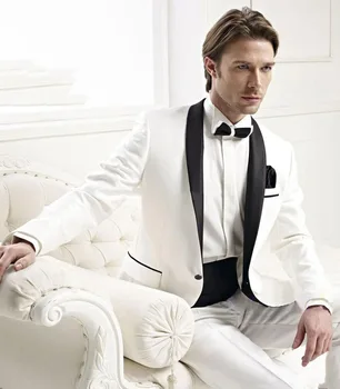 

2019 Mens Suit 2 Pieces One Button White Party Dress black Shawl Blazer Wedding Suits For Men Plus Size(Jacket+Pants+Tie)