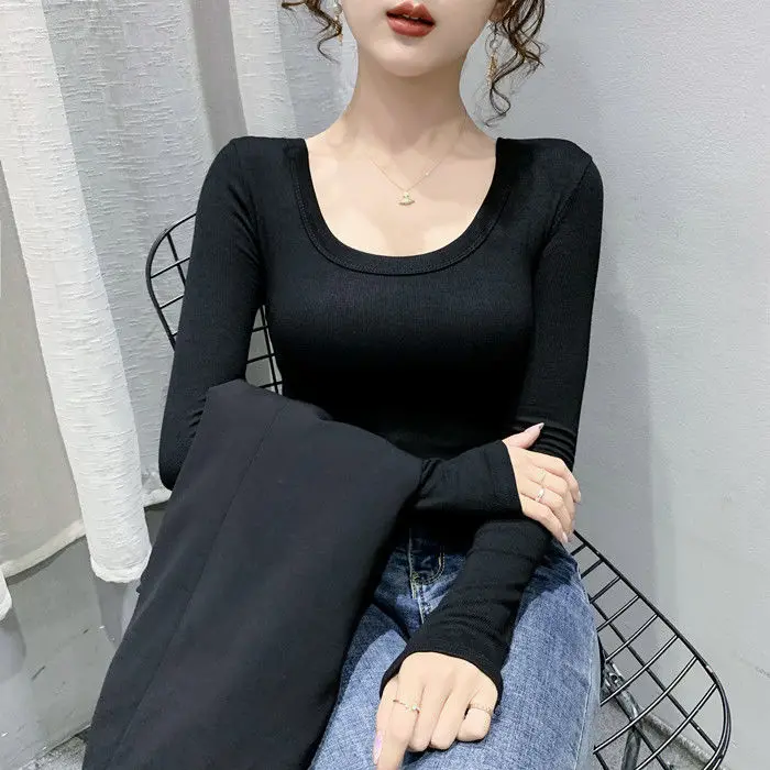 Women Long Sleeve Sexy T-Shirt 2021 Autumn Sexy U Neck Solid Rib Knit Basic Tee Tops Slim Fashion Korean Female Pullover T-shirt chrome hearts t shirt Tees