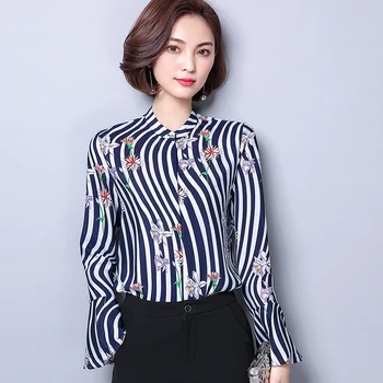 

Printed Chiffon Blouse women's Long Sleeve Striped Slim Korean Flare Sleeve Female Shirt Casual Elegant O-neck Floral Lady Tops