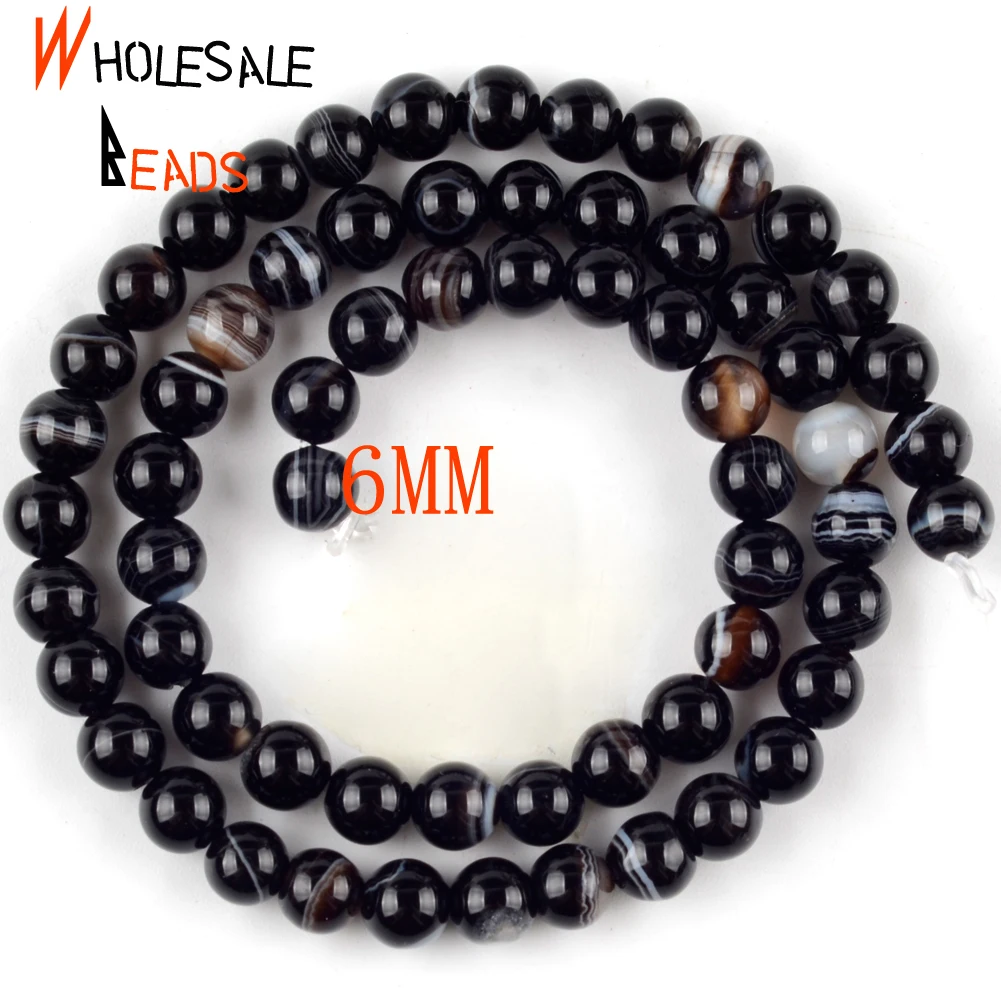 주얼리 제작용 천연 블랙 스트라이프 마노 스톤 비즈, 라운드 비즈, DIY 팔찌 액세서리, 4mm, 6mm, 8mm, 10mm, 12mm, 15 인치