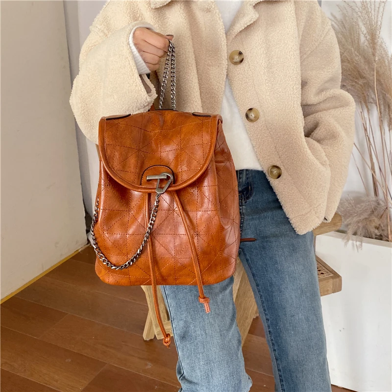 YASICAIDI Plaid PU Backpack Flap Pocket Women Rucksack Leather Chain Shoulder Strap Bucket Drawstring Bag Pack Lady Shoulder Bag
