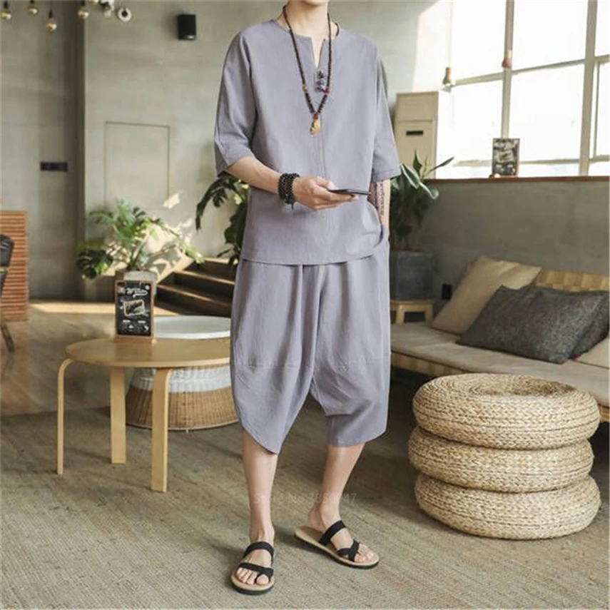 Traditional Chinese Style Summer Men Linen Tang Suit Short Sleeve T-shirt+Pant Clothing Set Oriental Kung Fu Costumes