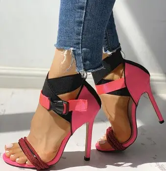 

women high heels Buckle Thin Heeled Sandals Sexy Pink Green Patchwork Hollow Gladiator Sandals Shoes Women High Heels