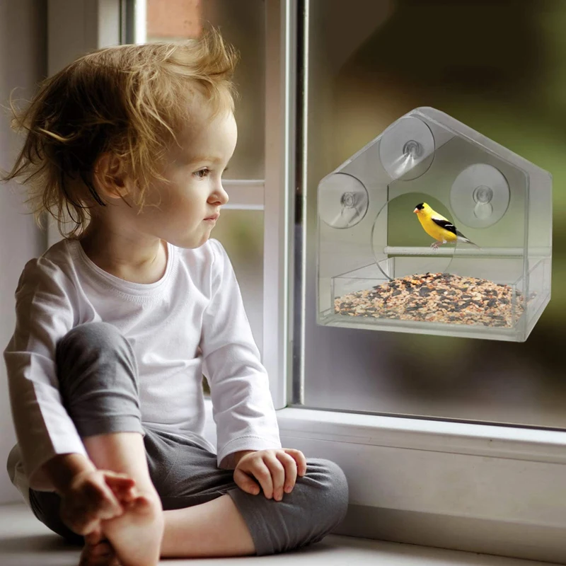 LBER Acrylic Window Bird Feeder with Strong Suction Cups and Seed Tray, Outdoor Birdfeeders for Wild Birds, Finch, Cardinal, and