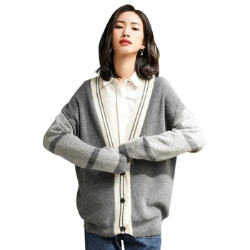 

Loose Cashmere Sweater Cardigan Patchwork V-Neck Wool Knitted Jacket Autumn Coat Women Long Sleeve Top Elegant Female Cardigans